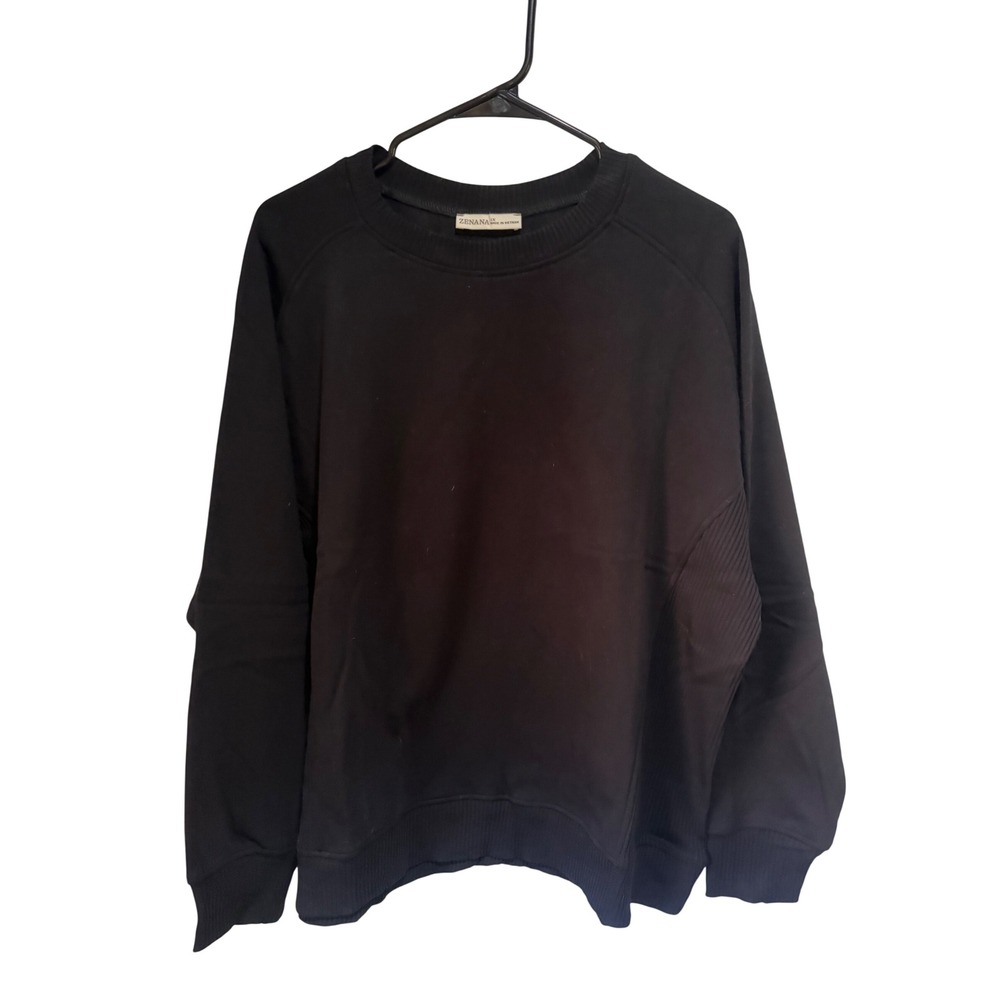 Black Women Zenana Ribbed Side Panel Pullover Sweatshirt